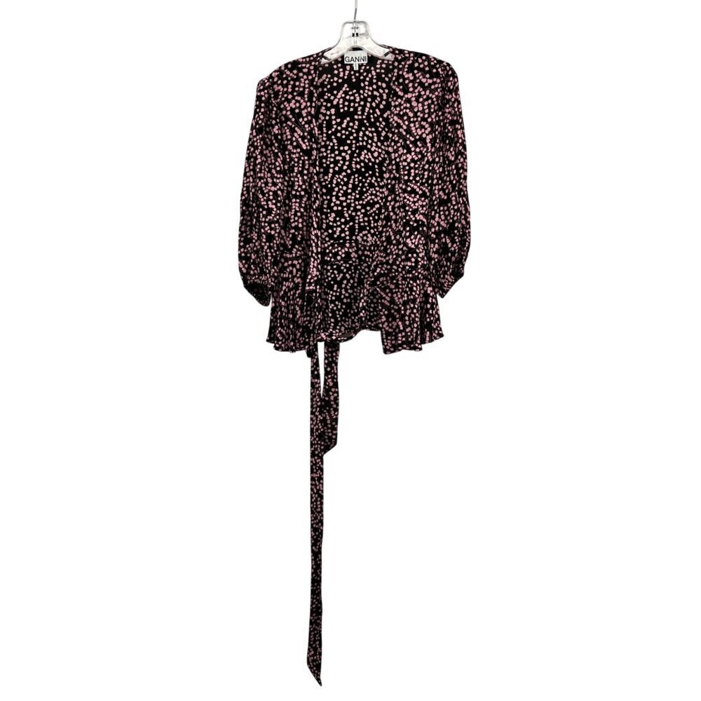 Ganni Womens Wrap Top 3/4 Puff Sleeve Black/Pink Size 38
